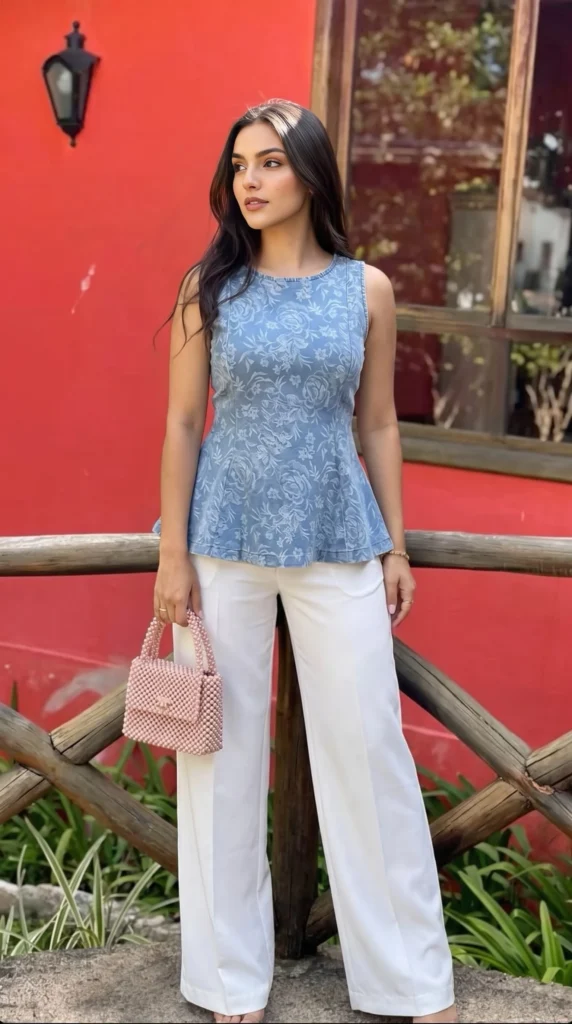 Blue Floral Top with White Pants – Outdoor Fashion Lifestyle Grafly Studio